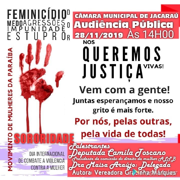 Violência contra a mulher será tema da audiência pública no dia 28 na Câmara de Jacaraú