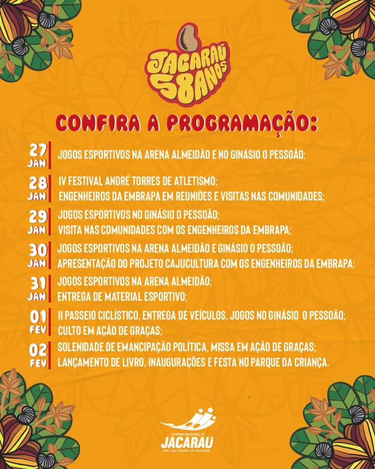 Prefeitura de Jacaraú divulga programação alusiva aos 58 anos de Emancipação Política; confira